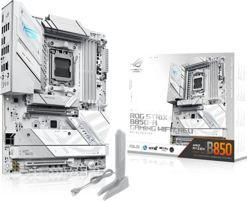 Asus rog strix b850-a gaming Wi-Fi7 neo motherboard AMD am5 socket b850 chipset atx white ddr5 pcie 5.0 four m.2 slots Wi-Fi 7 5GBe lan USB 20GBps Type-C ai cache boost aura sync-null