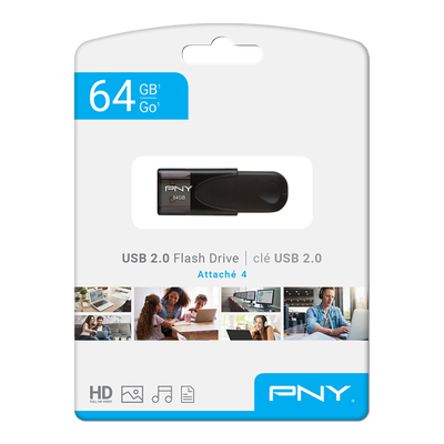 Pny flash drive attache 4 USB 2.0 stick 64GB capless slider black fd64gatt4, , medium