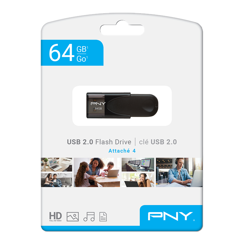 Pny flash drive attache 4 USB 2.0 stick 64GB capless slider black fd64gatt4, , medium-null