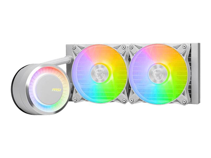 Msi mag coreliquid e240 white 240mm aio liquid CPU cooler dual 120mm argb fdb fans rotating-cap pump intel AMD-null