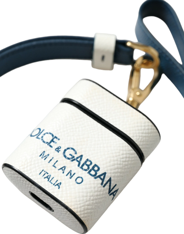 White blue calf leather logo print strap AirPods case-null