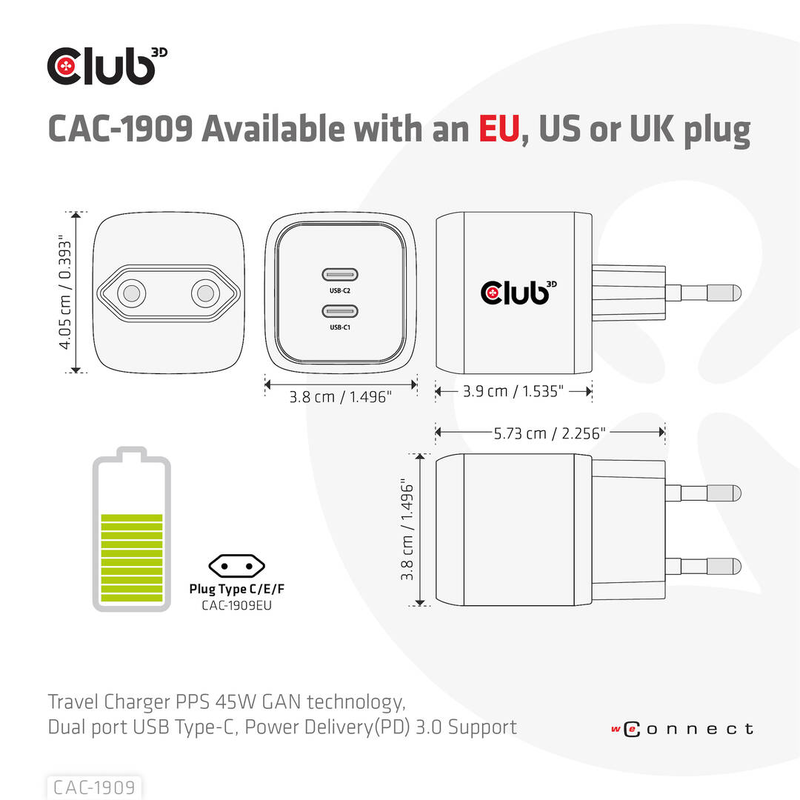 Club 3d cac-1909 / power adapter / pps and gan technology / 45 watt / 3 a / pd 3.0 / 2 output connectors (2 x USB-c) / on cable: USB-c / european union, , medium-null