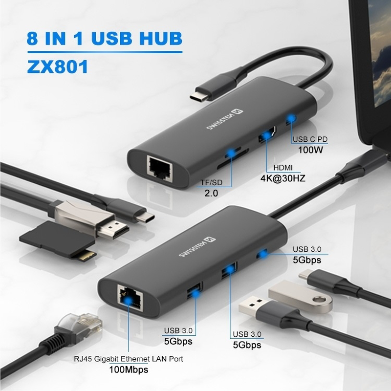 Swissten USB-c  hub 8-in-1 USB-c pd 100w / HDMI 4k / lan rj45 / 2x USB 3.0 / sd card  aluminium body, , medium-null