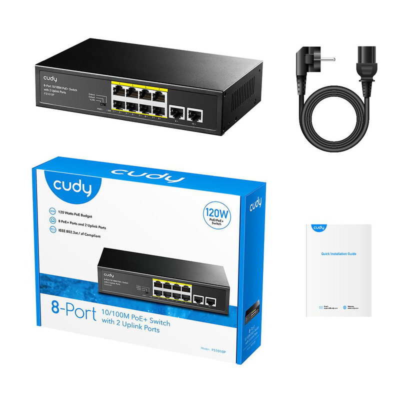 Cudy fs1010p 8-port fast ethernet poe+ switch | 120w poe budget | black, , medium-null