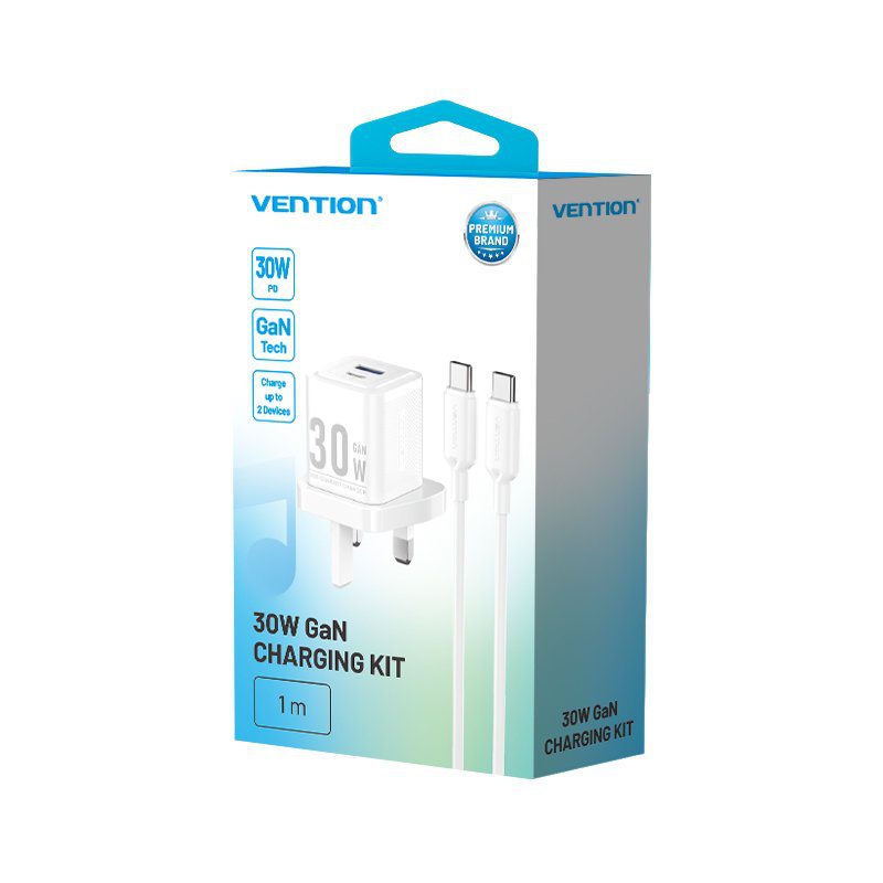 Vention charger wall gan 30w 1xa 1xc+USBc cable white tz-feqw0-uk-01, , medium-null