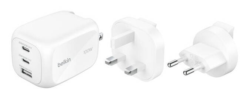 Belkin boostcharge pro power adapter gan 100 watt / pd 3.1/pps / 3 output connectors (2 x USB-c, USB) / white / with travel adapter kit, , medium-null