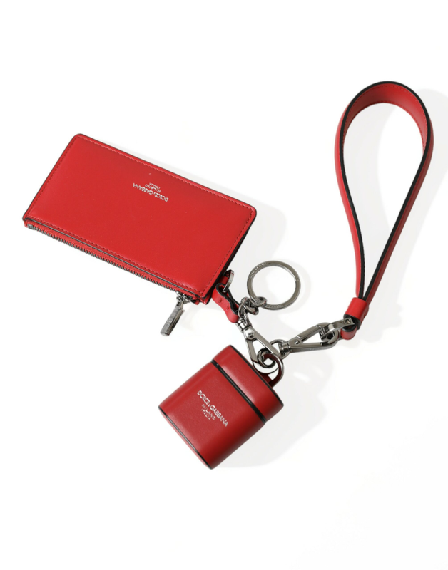 Red leather silver metal logo strap pouch AirPods case-null
