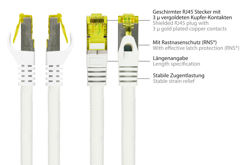 Python series rj45 patch cable | cat.7 raw cable / cat.6a connectors | s/ftp pimf | halogen-free nylon braid | 1 m | white-null