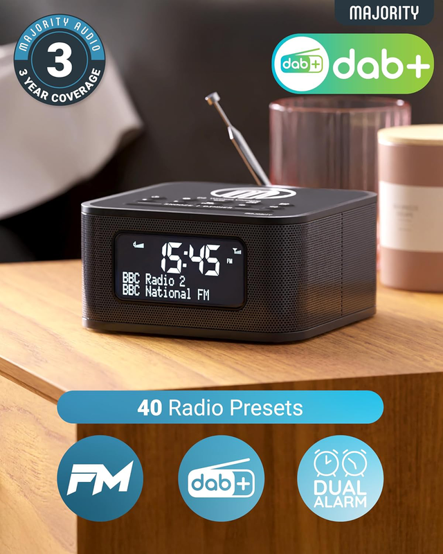 Majority radio bedside alarm clock,w/less charg,bt,fm,lcd w/temp darwin, , medium-null