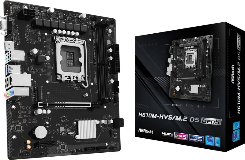Asrock h610m-hvs/m.2 d5 Gen5 micro-atx motherboard lga 1700 intel h610 ddr5 pcie 5.0 x16 m.2 HDMI vga black-null