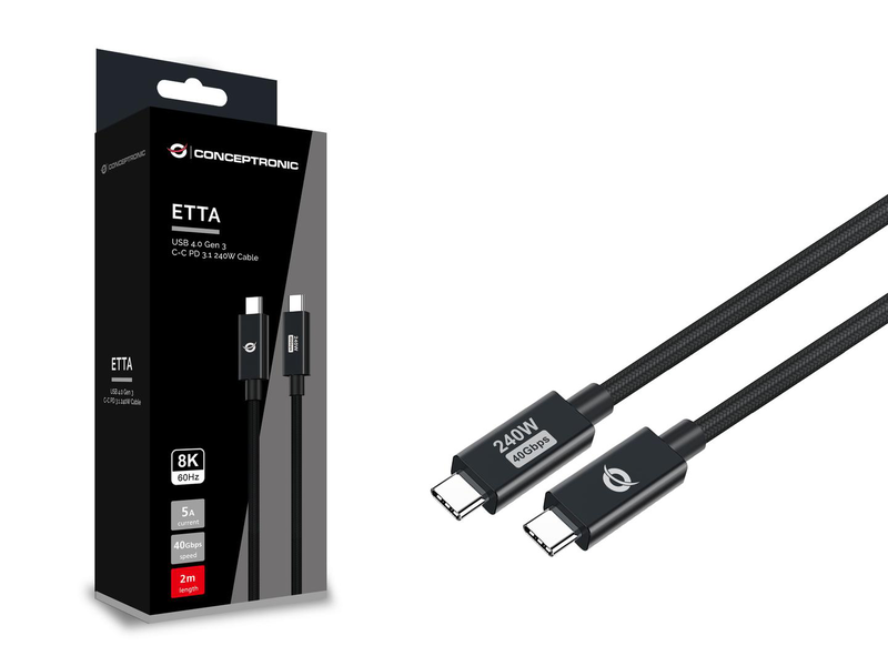 Conceptronic etta04b20 USB 4.0 Gen 3 c-c pd 3.1 240w cable 2m, 48v 5a, 40GBps, e-mark, 2 m, USB c, USB c, USB4 Gen 3x2, 40GBit/s, black-null