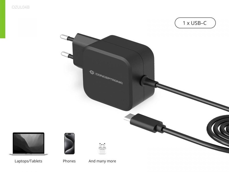 Conceptronic ozul04be 67w gan USB-c pd charger with pps built-in 1.8m cable up to 21v black-null