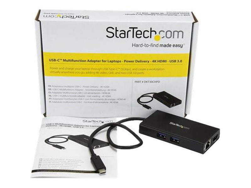 Startech dkt30chpd USB-c multiport adapter &mdash; 4k HDMI, gigabit ethernet, 2x USB-a 3.0, 60w power delivery, space grey-null