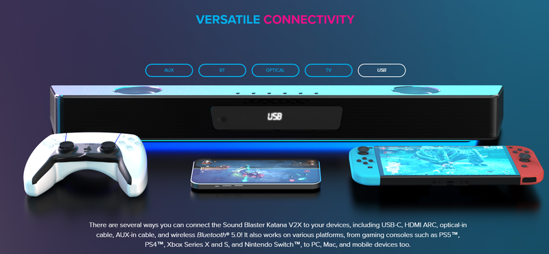 Creative katana v2x tri-amplified multi-channel super x-fi gaming soundbar 180w with compact subwoofer (51mf8400aa000)-null