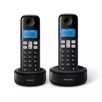 Philips d1612b/grs μαυρο (ελληνικο μενου) διπλο ασυρματο τηλεφωνο ανοιχτη ακροαση φωτιζομενη οθονη και 50 μνημες