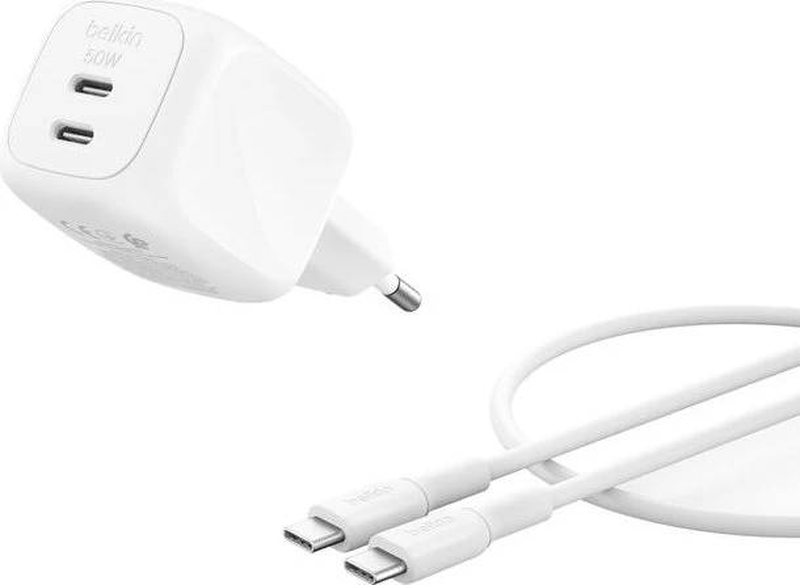 Belkin boostcharge pro 50w dual USB-c gan wall charger pps pd white with 1m USB-c to USB-c cable-null