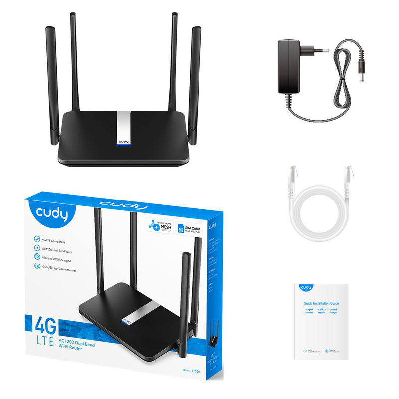 Cudy lt500 4G lte cat4 ac1200 dual-band Wi-Fi router, nano sim slot, mu-mimo, vpn, 4 antennas, black-null