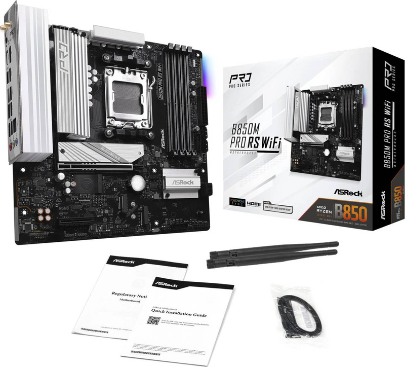 Asrock b850m pro rs Wi-Fi | am5 | AMD b850 | micro atx | ddr5 8000+ oc | pcie 5.0 x16 | 3&times; m.2 | Wi-Fi 6e | 2.5G lan, , medium-null