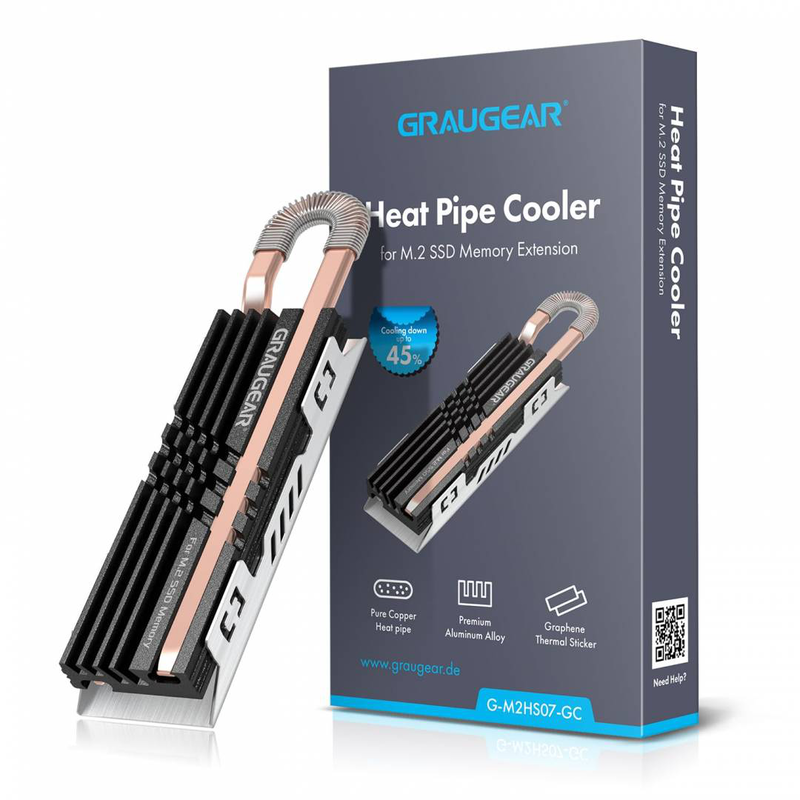 Graugear heat pipe cooler for m.2 SSD memory extension, m.2 2280 nvme SSD heatsink, , medium-null