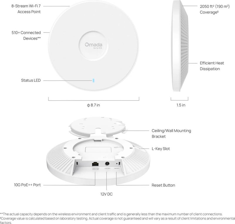 Tp-link omada eap787 Wi-Fi 7 access point &ndash; be12000 tri-band 8-stream, 10g poe++ uplink, ceiling mount-null