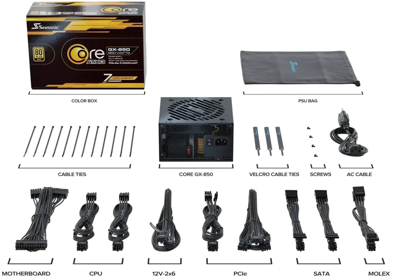 Seasonic core gx-850 850w atx 3.1 psu 80 plus gold cybenetics platinum fully modular native 12v-2x6 black-null
