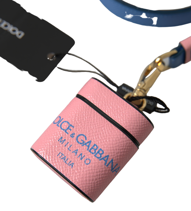 Pink blue calf leather logo print strap AirPods case-null