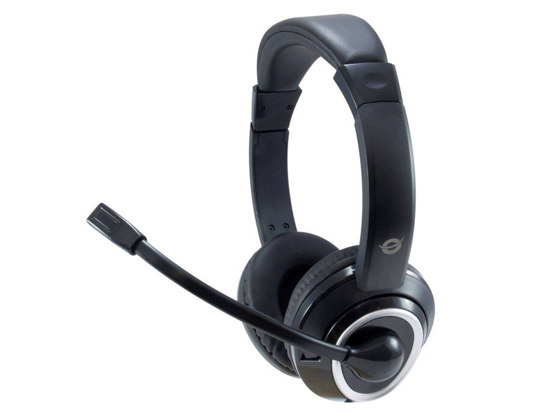 Conceptronic polona02ba on-ear stereo headset wired 3.5mm with splitter flexible boom mic volume control black-null