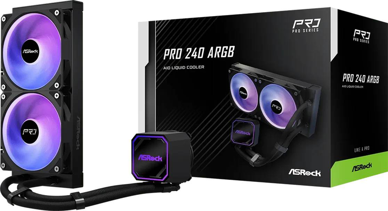Asrock pro 240 argb 90-apra24-baaga6 240mm aio liquid CPU cooler dual 120mm argb fans 3-phase pump black-null