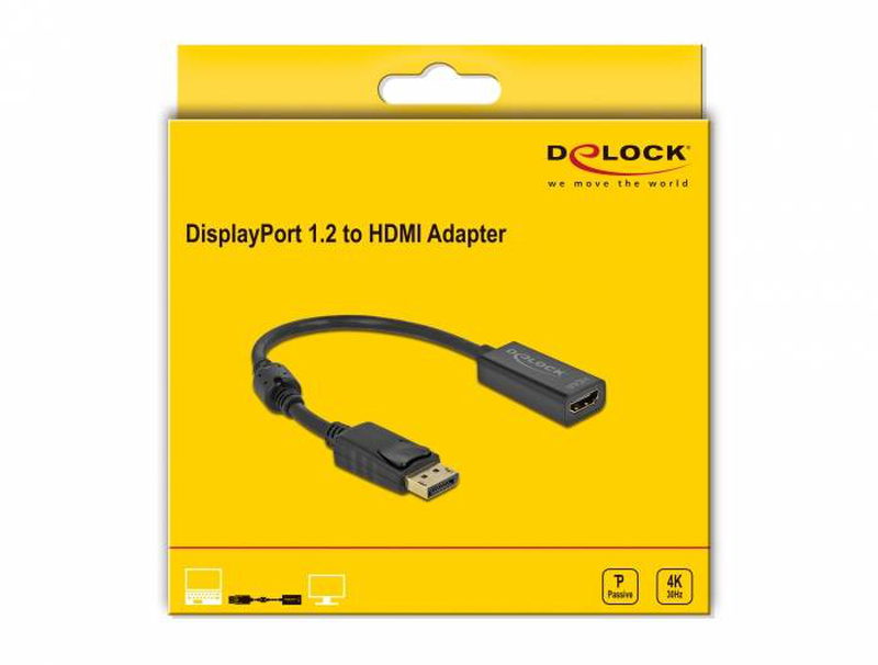 Delock / adapter / displayport male latched to HDMI female / 20 cm / black / passive, 4k30hz support-null