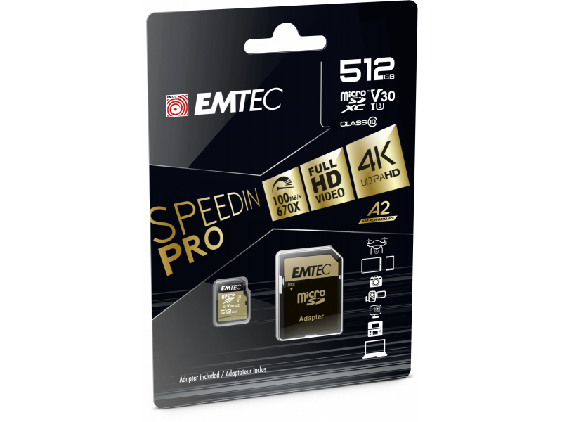 Emtec speedin' pro - flash memory card (sd adapter included) - 512GB - a2 / video class v30 / uhs-i u3 / class10 - 670x - microsdxc uhs-i-null