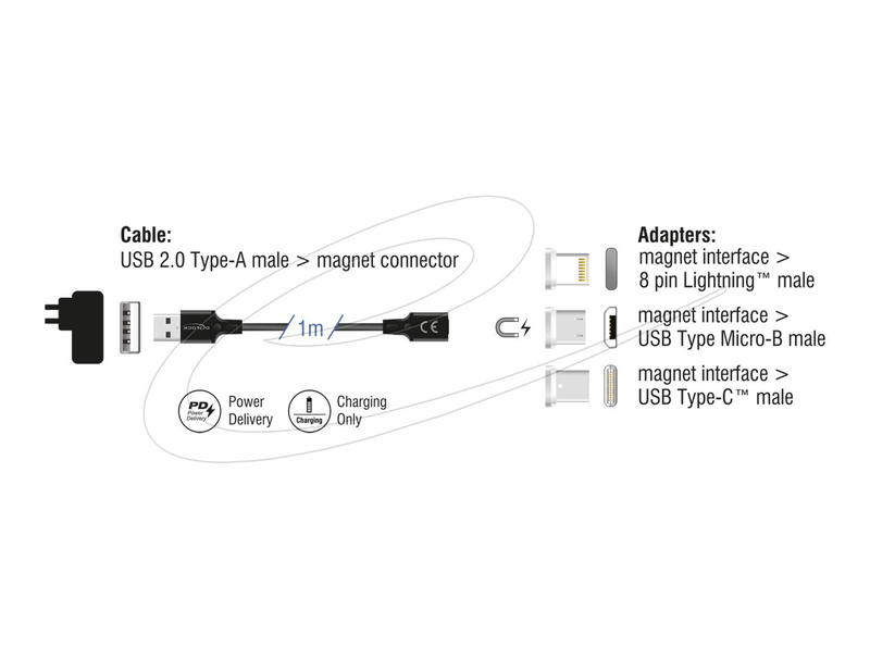 Delock magnetic USB charging cable set for 8 pin lightning&trade; / micro USB / USB Type-C&trade; black 1 m, , medium-null