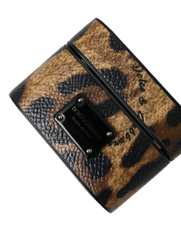 Brown leopard calf leather metal logo plaque AirPods case-null