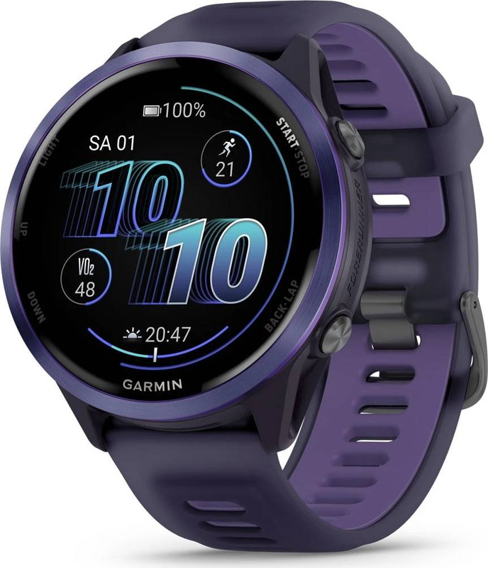 Garmin forerunner 570 GPS running smartwatch | 47mm | amOLED | indigo aluminium | translucent imperial purple/indigo band, , medium-null