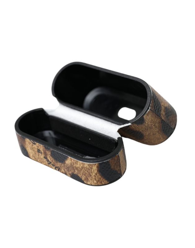 Brown leopard calf leather metal logo plaque AirPods case-null