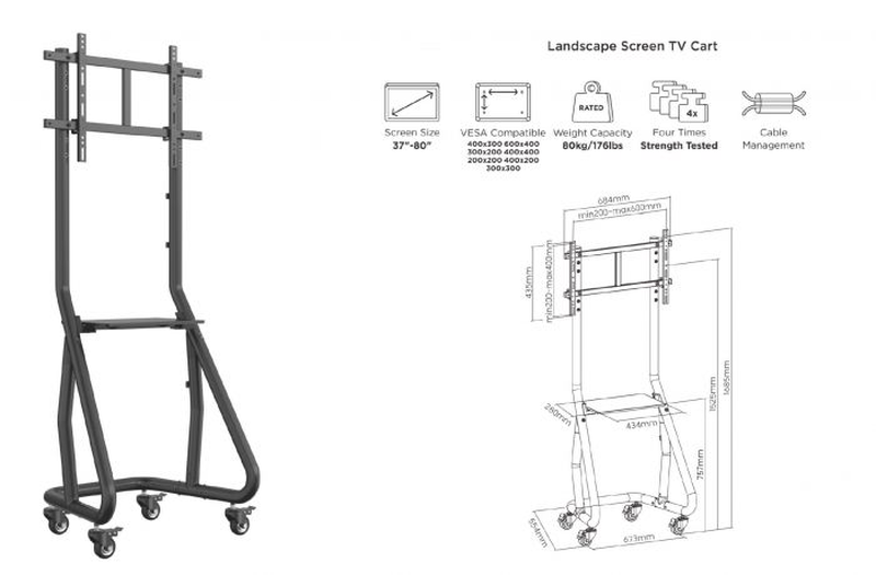 Equip heavy-duty TV trolley (standalone) 1.7m high w/shelf holds one 37" to 80" TV max 80kgr-null