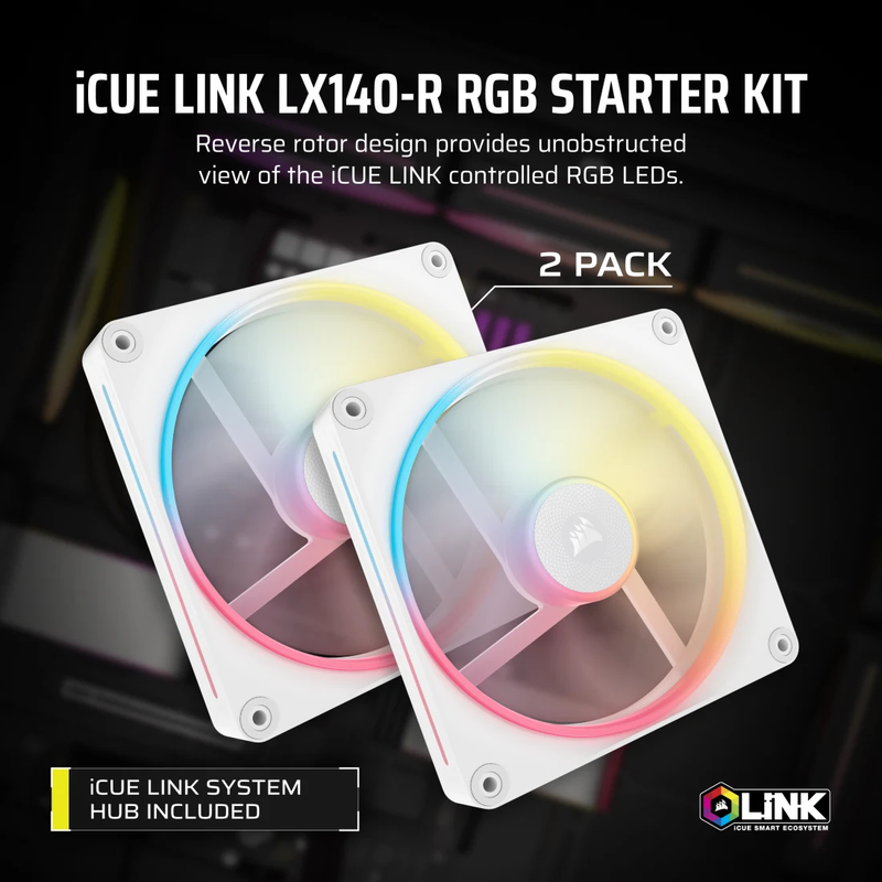 Corsair icue link lx140-r rgb 140mm pwm reverse fans starter kit white (co-9051056-ww)-null
