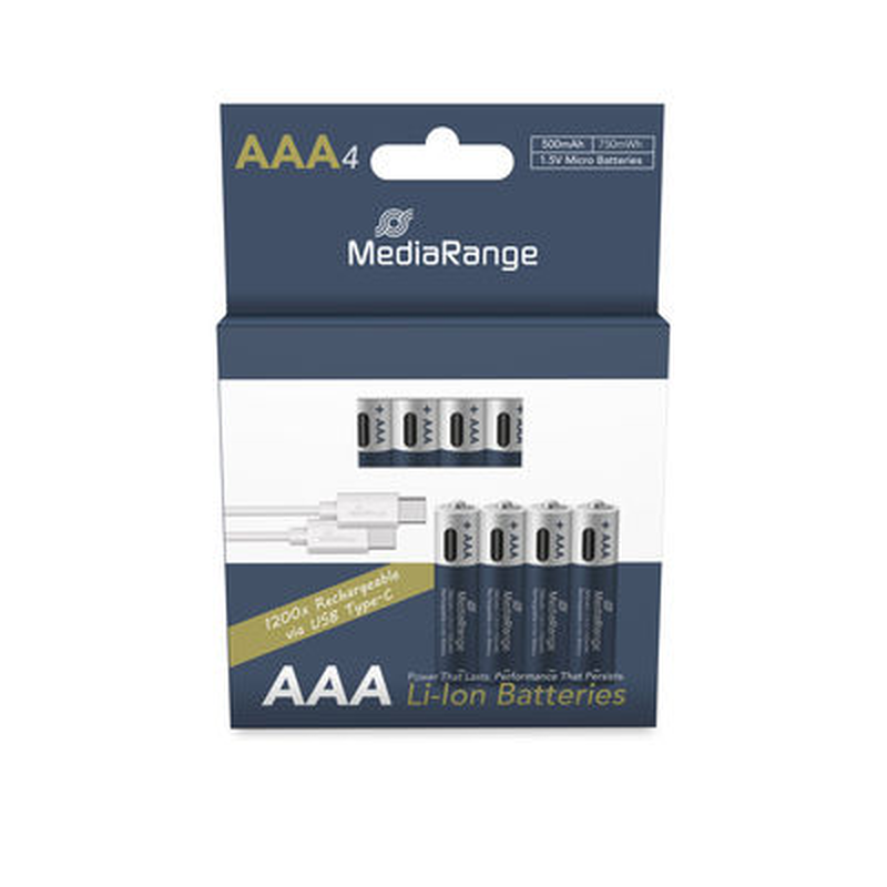 Mediarange rechargeable USB-c li-ion batteries, micro aaa i 1.5v i 500mAh, 4-pack, , medium-null
