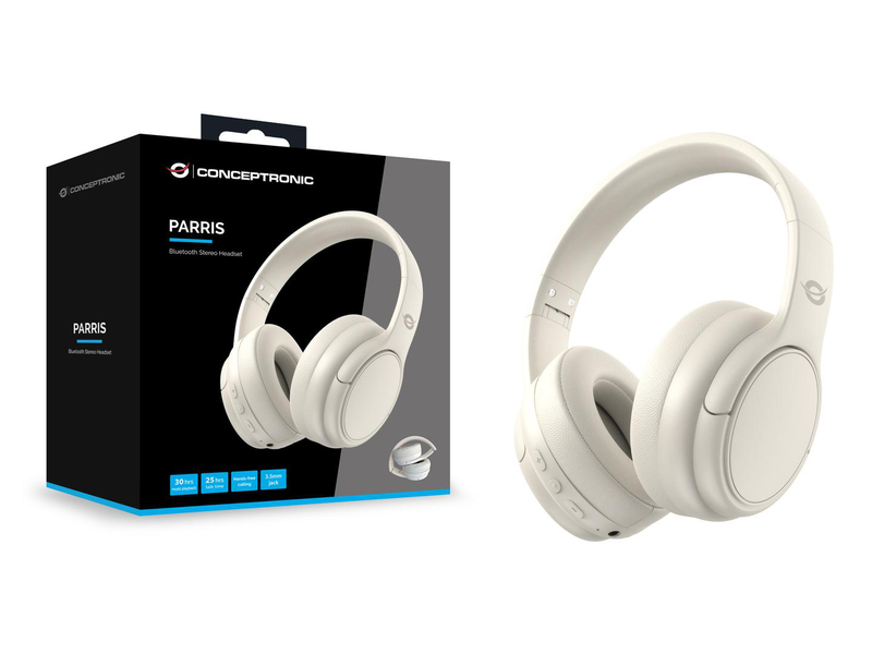 Conceptronic parris03c bluetooth stereo headphones over-ear 30h foldable built-in mic 3.5mm cream-null