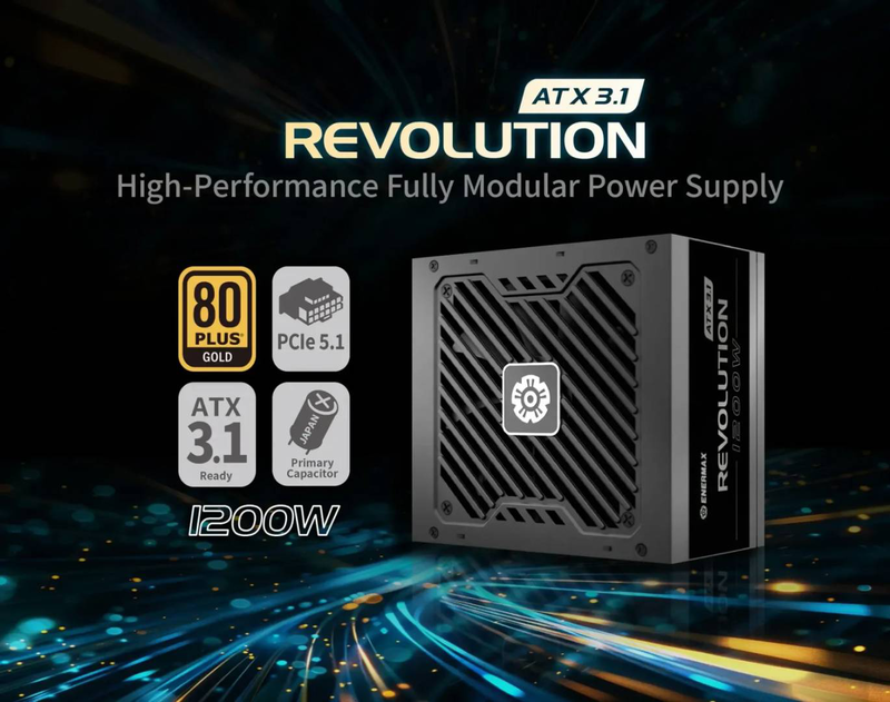 Enermax revolution atx 3.1 1200w psu 80+ gold fully modular pcie 5.1 native 12v-2x6 semi-fanless japanese caps black-null
