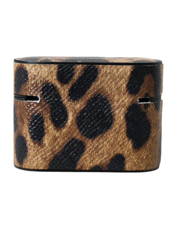 Brown leopard calf leather metal logo plaque AirPods case-null