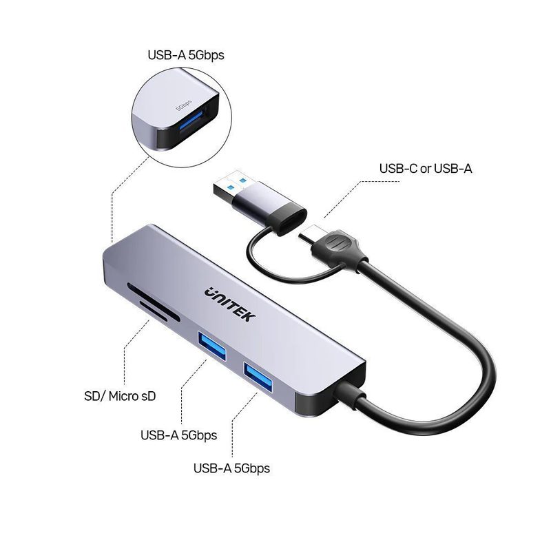 Unitek USB-c hub 3xUSBa sd/micro sd card reader h1320a, , medium-null
