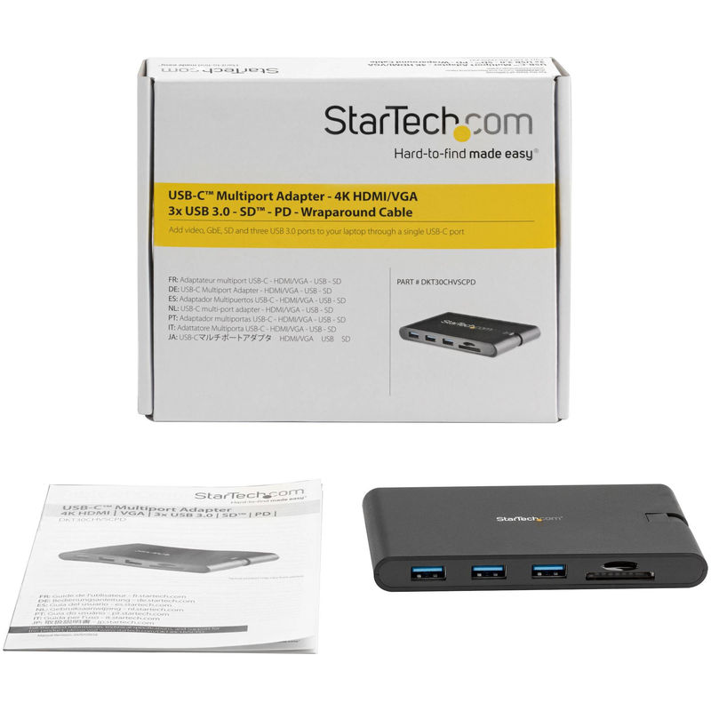 Startech.com dkt30chvscpd USB-c mini dock 4k HDMI vga 100w pd gigabit ethernet 3x USB 3.0 sd microsd black-null