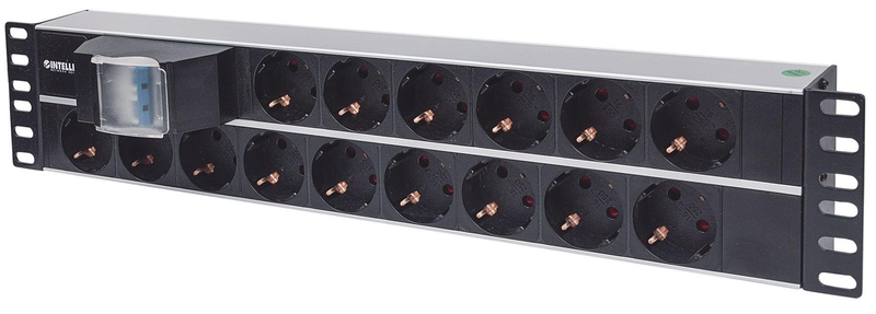 Intellinet 19" 2u rackmount 15-way power strip / german type", with double Air switch, 3m power cord / power strip (rack-mountable) / ac 250 v / input: cee 7/4 / output connectors: 15 (power cee 7/3) / 2u / 19" / 3 m cord / germany / black, , medium-null
