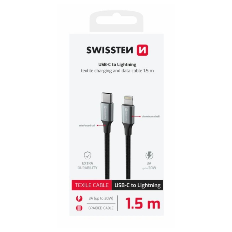 Swissten braided &kappa;&alpha;&lambda;ώ&delta;&iota;&omicron; USB-c &sigma;&epsilon; lightning 3a (έ&omega;&sigmaf; 30w) &mu;&epsilon; aluminum shell 1.5m 71529203 &mu;&alpha;ύ&rho;&omicron;, , medium-null