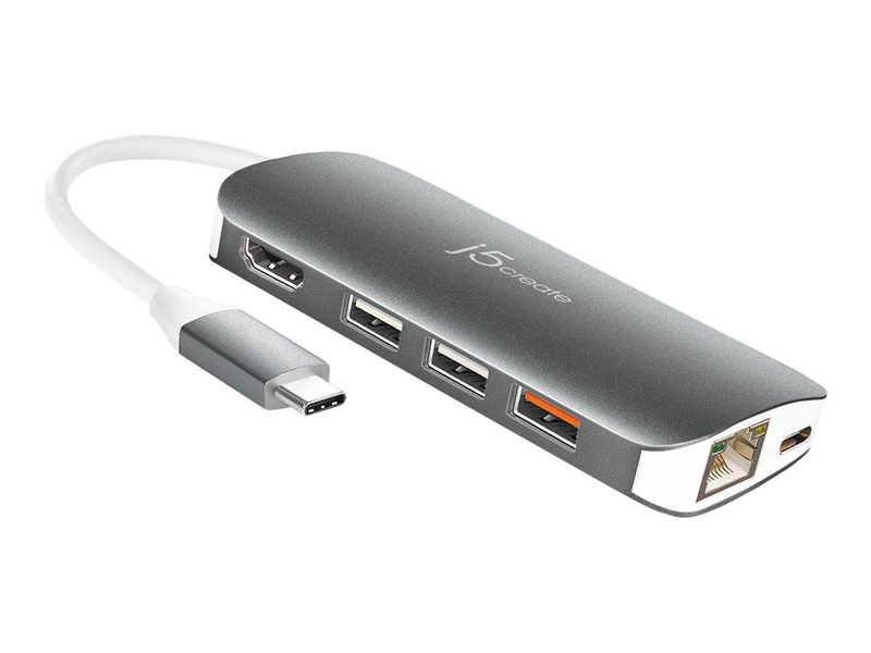 J5create jcd383-n USB-c multi adapter 9-in-1 docking station HDMI 4k gigabit lan 3x USB-a card reader 100w pd silver-null