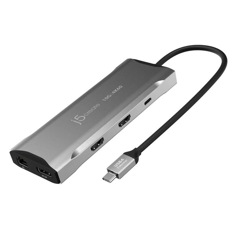 J5create jcd397 4k60 elite USB-c triple-monitor mini dock 2x HDMI displayport gigabit ethernet sd 100w pd grey-null