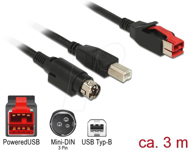 Delock - poweredUSB cable - USB pluspower (24 v) (m) to USB type b, power mini-din (m) - 24 v - 3 m - black-null