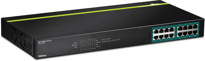 Trendnet tpe-tg160g 16-port gigabit poe+ unmanaged switch 10/100/1000 mbps 246w 30w per port rackmount 1u black-null