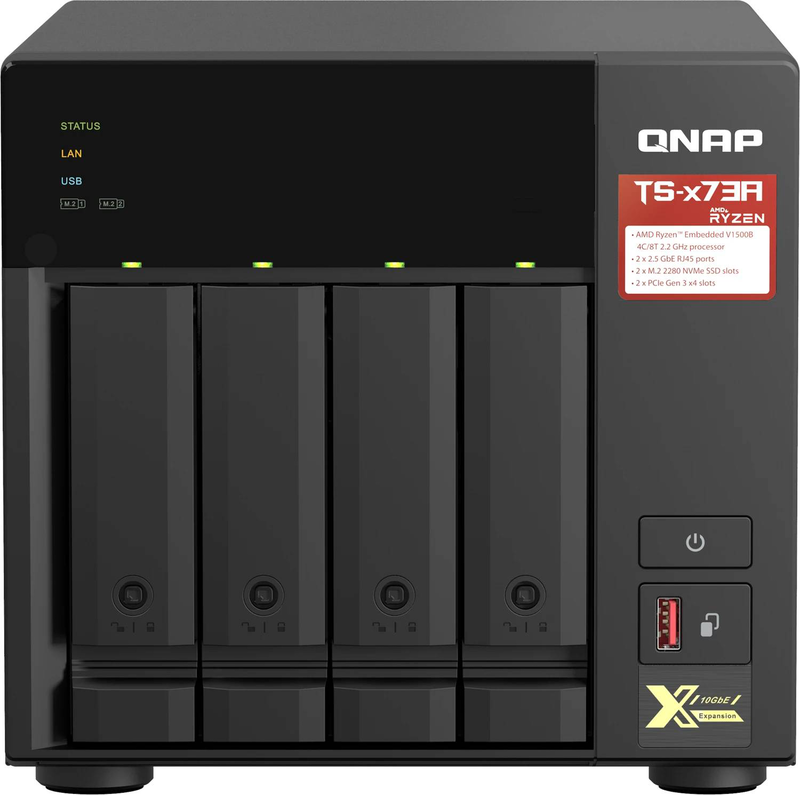 Qnap ts-473a 4-bay tower nas AMD ryzen v1500b 8GB ddr4 ecc dual 2.5GBe dual pcie m.2 nvme diskless black-null