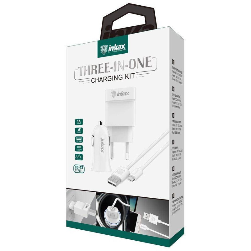 Inkax cd-43 | 1xUSB 1a 2in1 charging head + USB Type-C 1m cable - white-null